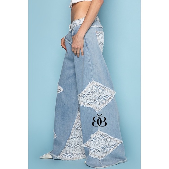 POL Denim - POL Vintage Washed Crochet Patched Straight Wide Leg Slouch Jeans